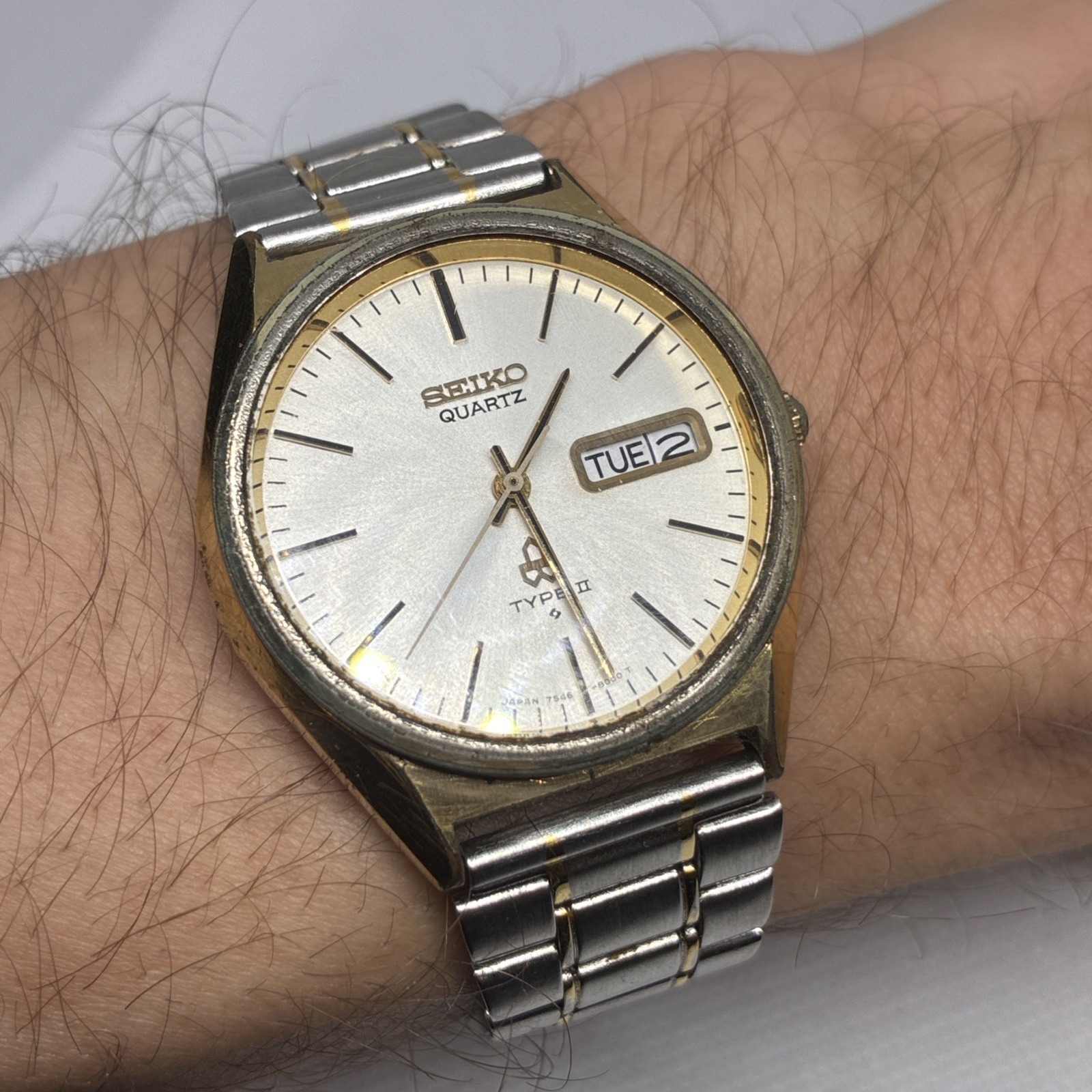 Seiko Type Ii Watch Men 35mm Silver Dial Gold Tone Daydate 75468000 Running